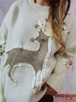 Women's Ugly Christmas Sweater Pullover Sweater Jumper Crew Neck Ribbed Knit Polyester Patchwork Fall Winter Regular Outdoor Christmas Daily Stylish Casual Soft Long Sleeve Elk Red Beige S M L -Xmas Cothing Store ynkzqi1696918517584