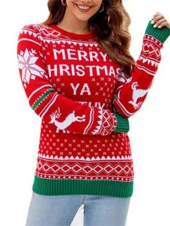 Women's Ugly Christmas Sweater Pullover Sweater Jumper Crew Neck Ribbed Knit Acrylic Oversized Fall Winter Short Xmas Daily Going Out Stylish Casual Soft Long Sleeve Letter Elk Snowflake 1052 -Xmas Cothing Store ynolbs1695262578659
