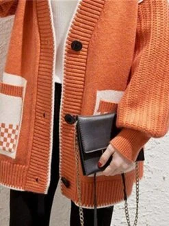 Women's Cardigan Sweater Open Front Ribbed Knit Polyester Button Pocket Fall Winter Short Outdoor Christmas Daily Stylish Casual Soft Long Sleeve Plaid Shallow Rice Red Orange One-Size Xmas -Xmas Cothing Store ynquff1695262428928