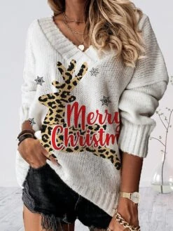 Women's Pullover Sweater Jumper V Neck Crochet Knit Oversized Print Fall Winter Regular Christmas Stylish Soft Long Sleeve Elk Snowman Xmas Tree White / Black Red Brown Black S M L -Xmas Cothing Store yogyqk1694570260105