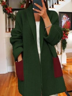 Women's Cardigan Open Front Ribbed Knit Polyester Pocket Fall Winter Long Christmas Going Out Casual Soft Long Sleeve Color Block Wine Army Green S M L