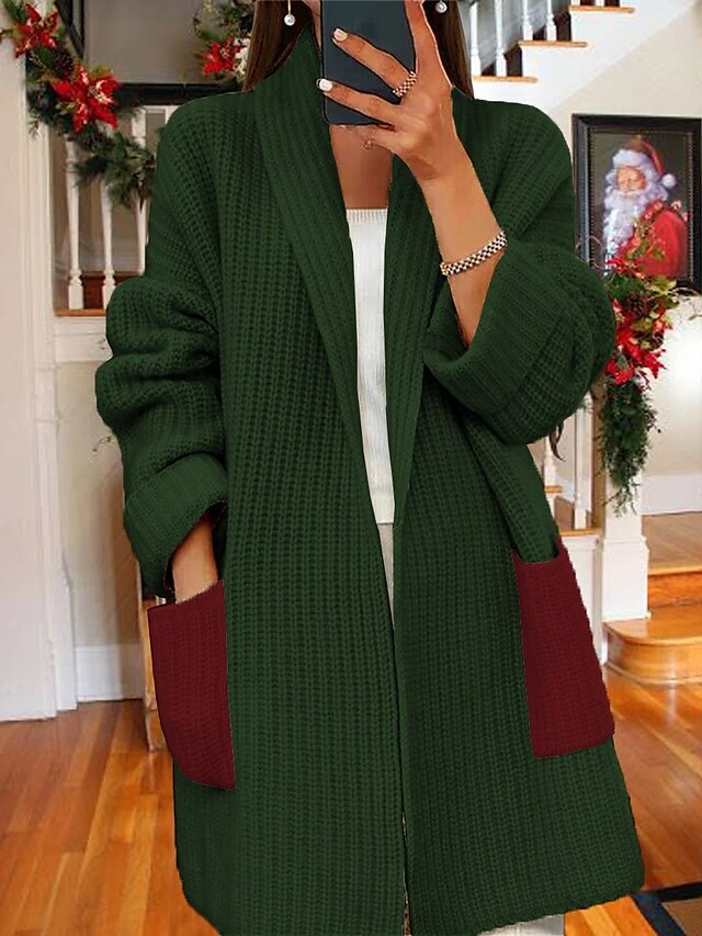 Women's Cardigan Open Front Ribbed Knit Polyester Pocket Fall Winter Long Christmas Going Out Casual Soft Long Sleeve Color Block Wine Army Green S M L 3 Women's Cardigan Open Front Ribbed Knit Polyester Pocket Fall Winter Long Christmas Going Out Casual Soft Long Sleeve Color Block Wine Army Green S M L