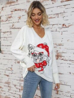 Women's Ugly Christmas Sweater Pullover Sweater Jumper V Neck Ribbed Knit Polyester Knitted Print Fall Winter Regular Outdoor Christmas Holiday Daily Stylish Casual Long Sleeve Animal Wine Red S M L -Xmas Cothing Store yqmncb1697697968807