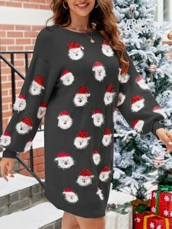 Women's Ugly Christmas Sweater Dress Crew Neck Ribbed Knit Polyester Patchwork Tassel Fall Winter Long Christmas Daily Going Out Xmas Stylish Casual Soft Long Sleeve Santa Claus Black Pink Green S -Xmas Cothing Store yqttjy1695029213616