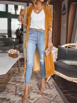 Women's Velvet Blazer Long Trench Coat Christmas Party Xmas Outfit Open Front Windproof Warm Winter Coat Fall Stylish Modern Casual Jacket Long Sleeve Plain Oversize Black Yellow Red