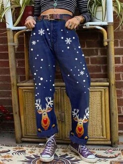 Women's Jeans Wide Leg Pants Trousers Full Length Fashion Streetwear Christmas Xmas Street Black Dark Blue S M Fall Winter -Xmas Cothing Store yrpxud1695621363479