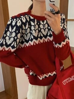 Women's Pullover Sweater Jumper Crew Neck Ribbed Knit Polyester Knitted Print Fall Winter Regular Outdoor Christmas Daily Stylish Casual Soft Long Sleeve Heart Red Blue Green One-Size -Xmas Cothing Store ysbyes1697290905256