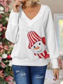 Women's Christmas Sweater Pullover Sweater Jumper V Neck Crochet Knit Print Drop Shoulder Fall Winter Regular Christmas Stylish Casual Soft Long Sleeve Santa Claus Snowman White Wine S M L
