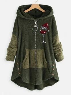 Women‘s Plus Size Christmas Fleece Jacket Teddy Coat Warm Button Pocket Hat Causal Long Sleeve Hooded Regular Winter Fall Xmas Green Pink Dark Gray L XL XXL 3XL 4XL -Xmas Cothing Store ysxyzn1667564230506