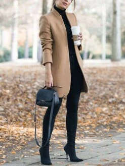 Women's Pea Coat Winter Coat Open Front Stand Collar Trench Coat Fall Warm Windproof Overcoat Christmas Jacket Caramel Colour -Xmas Cothing Store yubxhg1632647507529