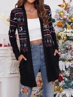 Women's Ugly Christmas Sweater Cardigan Sweater Jacket V Neck Ribbed Knit Polyester Pocket Knitted Print Fall Winter Long Outdoor Christmas Daily Stylish Casual Soft Long Sleeve Plaid Elk Snowflake -Xmas Cothing Store ywwueb1697290895898