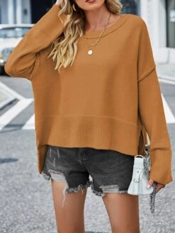 Women's Ugly Christmas Sweater Pullover Sweater Jumper Crew Neck Ribbed Knit Acrylic Split Flare Cuff Sleeve Fall Winter Regular Outdoor Christmas Daily Stylish Casual Soft Long Sleeve Solid Color -Xmas Cothing Store ywwygf1696823521280