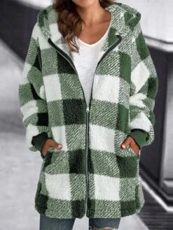 Women's Sherpa Jacket Fleece Long Teddy Coat Windproof Warm Maillard Plaid Christmas Daily Wear Vacation Zipper Pocket Zipper Hoodie Ordinary Modern Plush Regular Fit Outerwear Long Sleeve Winter Fall -Xmas Cothing Store yxlcer1667563761193