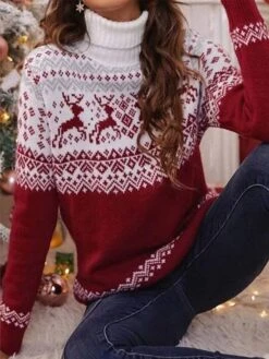 Women's Ugly Christmas Sweater Pullover Sweater Jumper Turtleneck Ribbed Knit Polyester Knitted Fall Winter Outdoor Xmas Holiday Stylish Casual Soft Long Sleeve Elk Snowflake Red S M L -Xmas Cothing Store yxowqi1666854037037