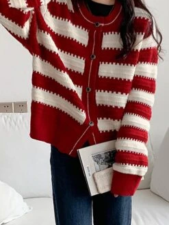 Women's Ugly Christmas Sweater Cardigan Sweater Jacket Crew Neck Ribbed Knit Wool Button Knitted Fall Winter Regular Outdoor Christmas Daily Stylish Casual Soft Long Sleeve Color Block Striped Black -Xmas Cothing Store yygewk1697290873600