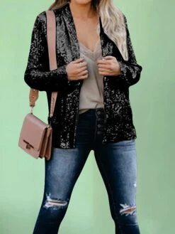 Women's Sequins Blazer Fall Christmas Party Jacket With Pocket Open Front Fashion Outerwear Long Sleeve Fall Silver S -Xmas Cothing Store yyonhv1695209618659