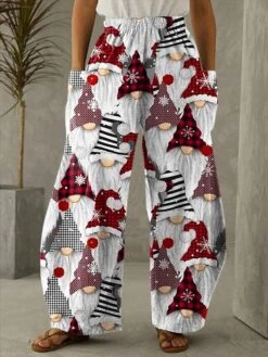 Women's Pants Trousers Cotton Blend White Fashion Christmas Weekend Xmas Side Pockets Wide Leg Micro-elastic Full Length Comfort Santa Claus M L XL 2XL 3XL