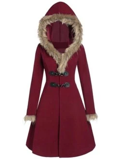 Women's Winter Coat Long Overcoat With Belt Christmas Party Wear Warm Single Breasted Pea Coat With Fur Collar Halloween Fall Trench Coat Dress Jacket Red Black Khaki Elegant Outerwear Casual Jacket