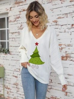 Women's Pullover Sweater Jumper V Neck Ribbed Knit Print Fall Winter Regular Christmas Soft Long Sleeve Animal White Light Green S M L -Xmas Cothing Store zbwegl1697017578079