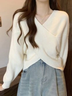 Women's CroppedSweater Pullover Sweater Jumper V Neck Ribbed Knit Polyester Knitted Fall Winter Short Outdoor Christmas Daily Stylish Casual Soft Long Sleeve Solid Color Black Pink Red S M L -Xmas Cothing Store zbzbsp1697290885229