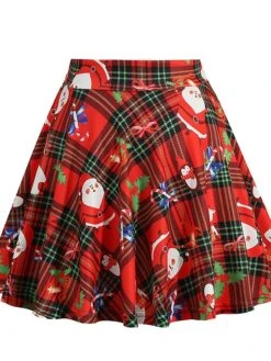 Women's Skirt Swing Mini Green Plaid Wine Red Fuchsia Skirts Pleated Print Fashion Christmas Weekend Xmas S M L