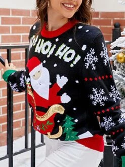 Women's Ugly Christmas Sweater Pullover Sweater Jumper Turtleneck Ribbed Knit Acrylic Patchwork Fall Winter Regular Xmas Daily Going Out Stylish Casual Soft Long Sleeve Santa Claus Black Red S M -Xmas Cothing Store zeluzp1695029176378