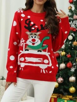 Women's Ugly Christmas Sweater Pullover Sweater Jumper V Neck Ribbed Knit Polyester Knitted Print Fall Winter Regular Outdoor Xmas Holiday Daily Stylish Casual Long Sleeve Santa Claus Black S M L -Xmas Cothing Store zgbsxn1697291717133