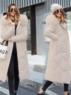 Women's Puffer Jacket Long With Pockets Fur Collar Coat Black Khaki Off-white Red Stylish Christmas Winter Zipper Hoodie Regular Fit L XL XXL XXXL / Daily / Casual / Windproof / Solid Color -Xmas Cothing Store zhmdrh1634782794252