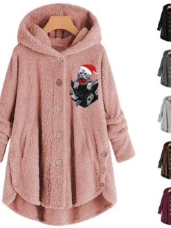 Women‘s Plus Size Christmas Fleece Jacket Teddy Coat Warm Button Pocket Animal Cat Hat Outdoor Xmas Long Sleeve Hooded Regular Winter Fall Black Pink Wine L XL XXL 3XL 4XL