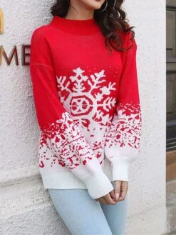 Women's Ugly Christmas Sweater Pullover Sweater Jumper Crew Neck Ribbed Knit Acrylic Oversized Fall Winter Short Xmas Daily Going Out Stylish Casual Soft Long Sleeve Snowflake Black Red S M L -Xmas Cothing Store zhxism1695209507240