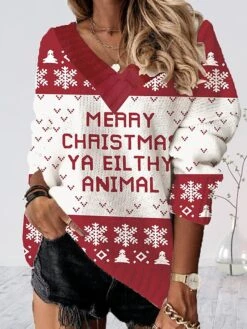 Women's Ugly Christmas Sweater Pullover Sweater Jumper V Neck Ribbed Knit Polyester Patchwork Fall Winter Regular Outdoor Xmas Holiday Stylish Casual Soft Long Sleeve Letter Print Snowflake Red