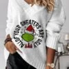 Women's Pullover Sweater Jumper V Neck Crochet Knit Polyester Print Drop Shoulder Fall Winter Regular Christmas Xmas Stylish Casual Soft Long Sleeve Print Monster Green Beige S M L -Xmas Cothing Store ziiztq1696903703893