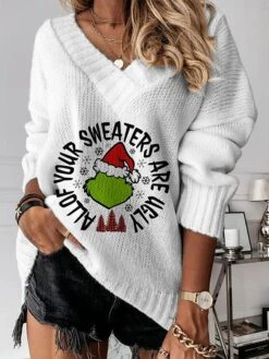 Women's Pullover Sweater Jumper V Neck Crochet Knit Polyester Print Drop Shoulder Fall Winter Regular Christmas Xmas Stylish Casual Soft Long Sleeve Print Monster Green Beige S M L