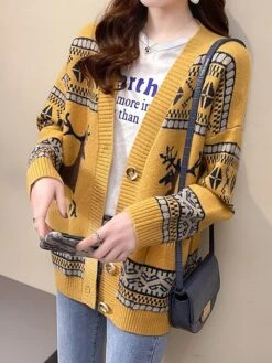 Women's Ugly Christmas Sweater Cardigan Sweater Jacket V Neck Ribbed Knit Polyester Button Pocket Knitted Fall Winter Regular Outdoor Christmas Daily Stylish Ethnic Style Casual Long Sleeve Geometric -Xmas Cothing Store zjebsm1697291428869
