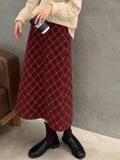 Women's Skirt Long Skirt Midi Cotton Wine Skirts Fall & Winter Plaid Print High Waist Fashion Elegant Christmas Street Xmas S M L -Xmas Cothing Store zkulsn1695351449396