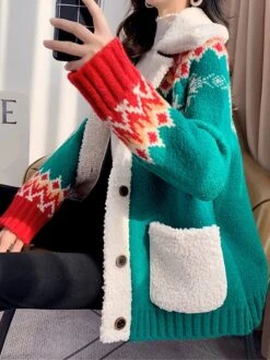 Women's Ugly Christmas Sweater Cardigan Sweater Shirt Collar Ribbed Knit Polyester Button Pocket Fall Winter Regular Outdoor Christmas Daily Stylish Casual Soft Long Sleeve Geometric Snowflake Red -Xmas Cothing Store zkvlww1696903333276