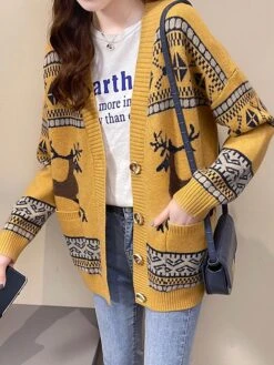 Women's Ugly Christmas Sweater Cardigan Sweater Jacket V Neck Ribbed Knit Polyester Button Pocket Knitted Fall Winter Regular Outdoor Christmas Daily Stylish Ethnic Style Casual Long Sleeve Geometric -Xmas Cothing Store zlklmp1697291429377