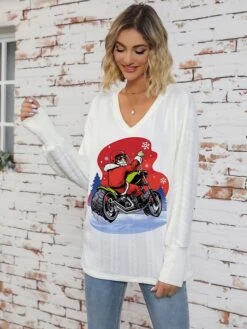 Women's Pullover Sweater Jumper V Neck Ribbed Knit Print Fall Winter Regular Christmas Xmas Stylish Soft Long Sleeve Santa Claus White Red S M L