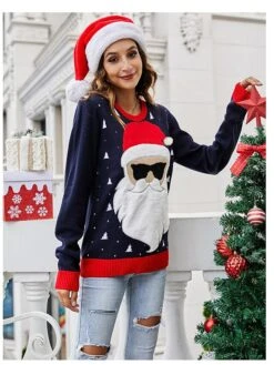 Women's Ugly Christmas Sweater Xmas Pullover Sweater Jumper Crew Neck Knit Fall Winter Christmas Holiday Vintage Style Soft Long Sleeve Santa Claus Navy Blue S M L -Xmas Cothing Store zmtbby1666956268105