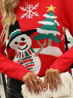 Women's Ugly Christmas Sweater Pullover Sweater Jumper Crew Neck Ribbed Knit Acrylic Knitted Fall Winter Outdoor Xmas Holiday Stylish Casual Soft Long Sleeve Snowman Christmas Tree Snowflake Red -Xmas Cothing Store zmyvms1667811498295