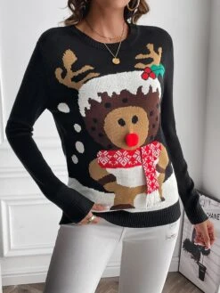Women's Ugly Christmas Sweater Pullover Sweater Jumper Crew Neck Ribbed Knit Acrylic Patchwork Fall Winter Regular Outdoor Xmas Daily Stylish Casual Soft Long Sleeve Animal Elk Black S M L -Xmas Cothing Store zohsvd1695111134952