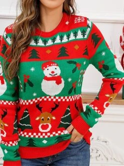 Women's Ugly Christmas Sweater Pullover Sweater Jumper Crew Neck Ribbed Knit Acrylic Patchwork Fall Winter Regular Xmas Daily Going Out Stylish Casual Soft Long Sleeve Snowman Christmas Tree Red -Xmas Cothing Store zowswj1695209486312