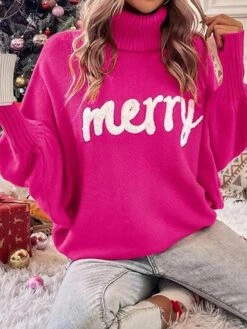Women's Ugly Christmas Sweater Pullover Sweater Jumper Turtleneck Ribbed Knit Acrylic Oversized Batwing Sleeve Fall Winter Regular Xmas Daily Going Out Stylish Casual Soft Long Sleeve Letter Red -Xmas Cothing Store zpcqyb1695209504296