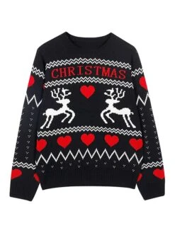 Women's Ugly Christmas Sweater Pullover Sweater Jumper Crew Neck Ribbed Knit Knit Patchwork Fall Winter Regular Outdoor Xmas Daily Stylish Casual Soft Long Sleeve Heart Letter Santa Claus Black -Xmas Cothing Store zpsezs1695115495241