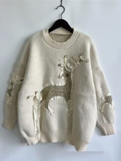 Women's Ugly Christmas Sweater Pullover Sweater Jumper Crew Neck Ribbed Knit Polyester Patchwork Fall Winter Regular Outdoor Christmas Daily Stylish Casual Soft Long Sleeve Elk Red Beige S M L -Xmas Cothing Store zqnynf1696918522286