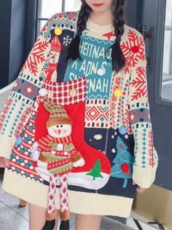Women's Ugly Christmas Sweater Pullover Sweater Jumper Crew Neck Ribbed Knit Acrylic Embroidered Pocket Knitted Fall Winter Outdoor Xmas Daily Stylish Casual Soft Long Sleeve Santa Claus Snowman -Xmas Cothing Store zqsddj1668219605955