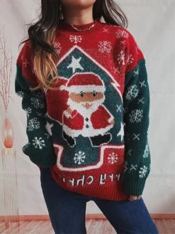 Women's Ugly Christmas Sweater Pullover Sweater Jumper Crew Neck Ribbed Knit Knit Patchwork Fall Winter Regular Outdoor Xmas Daily Stylish Casual Soft Long Sleeve Color Block Letter Santa Claus