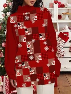Women's Pullover Sweater Jumper Turtleneck Crochet Knit Print Fall Winter Regular Christmas Weekend Stylish Vintage Style Long Sleeve Snowman Snowflake Light Green Wine S M L