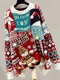 Women's Ugly Christmas Sweater Pullover Sweater Jumper Crew Neck Ribbed Knit Cotton Knitted Fall Winter Outdoor Xmas Daily Stylish Casual Soft Long Sleeve Geometric Letter Snowman White Red -Xmas Cothing Store zsnlof1668155354399