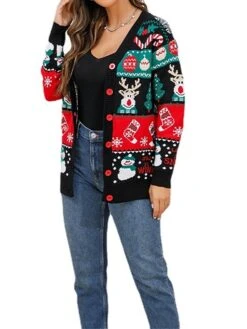 Women's Ugly Christmas Sweater Cardigan Sweater V Neck Ribbed Knit Knit Button Fall Winter Regular Outdoor Christmas Daily Stylish Casual Soft Long Sleeve Elk Snowman Xmas Tree Black S M L -Xmas Cothing Store zsonyy1695111137998